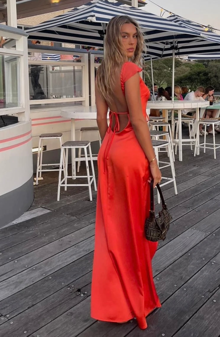 Weitese Dress Tie-Up Neck Flutter Sleeves Backless Slit A-line Maxi Dress Asymmetrical Hem Prom Dress